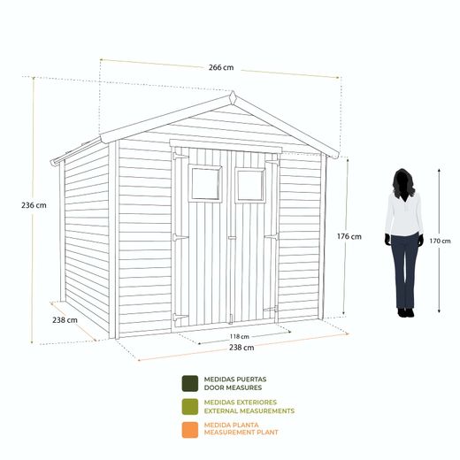 Cobertizo de Madera Natural Gardiun Dimitri 238x238x236 cm - 6,8 m² con Cubierta Asfáltica y Puerta Doble Abatible para Jardín