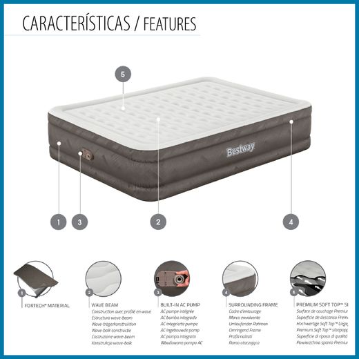 Colchão Inflável Bestway Tough Guard Queen 203x152x46cm com Bomba Integrada