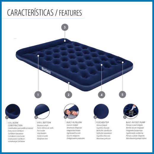 Matelas Gonflable Queen Bestway 203x152x28 cm Bleu avec Tête de Lit Intégrée
