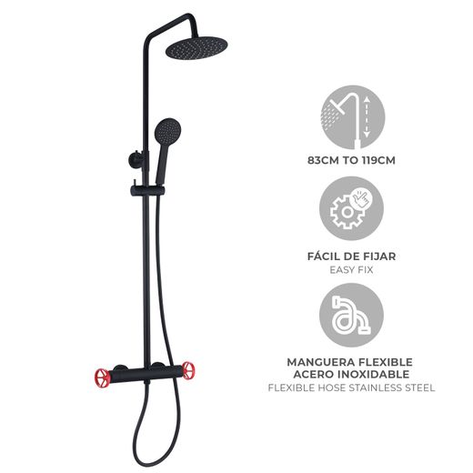 Columna de ducha Chillout Delta K2O, negro/rojo, altura 83-119 cm