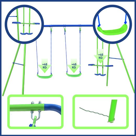 Columpio Doble Balancín Infantil para Jardín + 3 Años Juego para Niños de Metal Outdoor Toys 280x140x180 cm Carga 45 Kg