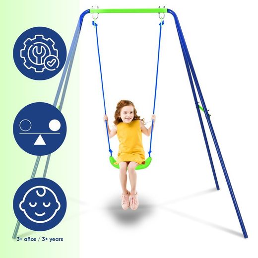 Altalena per bambini, 142 x 142 x 180 cm, in metallo, PVC e corda, colori blu e verde | Collezione Swing