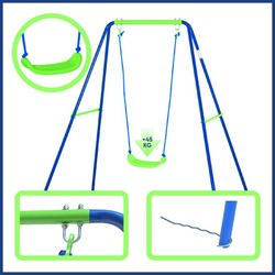 Altalena per bambini, 142 x 142 x 180 cm, in metallo, PVC e corda, colori blu e verde | Collezione Swing