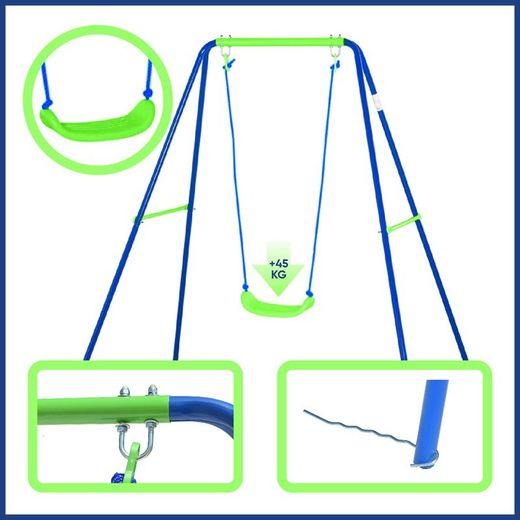 Altalena per bambini, 142 x 142 x 180 cm, in metallo, PVC e corda, colori blu e verde | Collezione Swing