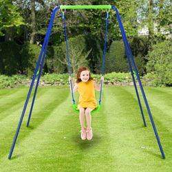 Altalena per bambini, 142 x 142 x 180 cm, in metallo, PVC e corda, colori blu e verde | Collezione Swing