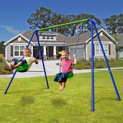 Columpio per bambini, 220 x 138 x 182 cm, in metallo, PVC e corda in blu e verde | Collezione Swing