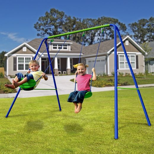 Columpio per bambini, 220 x 138 x 182 cm, in metallo, PVC e corda in blu e verde | Collezione Swing