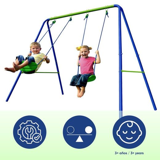 Columpio per bambini, 220 x 138 x 182 cm, in metallo, PVC e corda in blu e verde | Collezione Swing