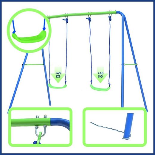 Columpio per bambini, 220 x 138 x 182 cm, in metallo, PVC e corda in blu e verde | Collezione Swing