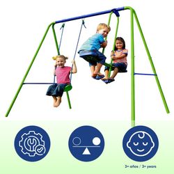 Columpio per bambini, 220 x 140 x 182 cm, in metallo, PVC e corda in verde e blu | Collezione Swing