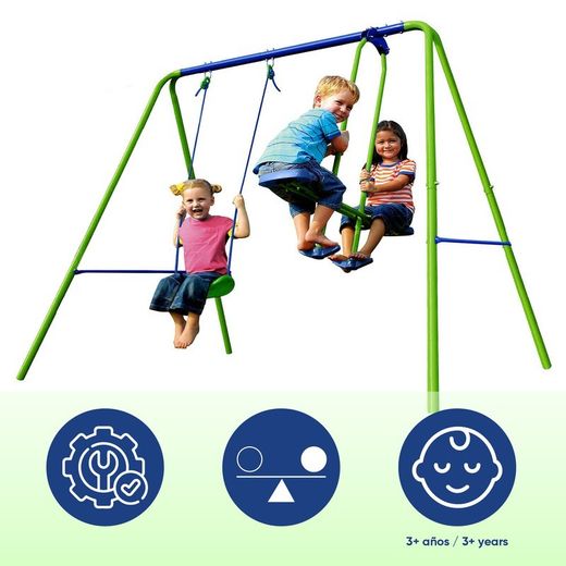Columpio per bambini, 220 x 140 x 182 cm, in metallo, PVC e corda in verde e blu | Collezione Swing