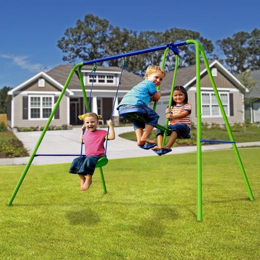 Columpio per bambini, 220 x 140 x 182 cm, in metallo, PVC e corda in verde e blu | Collezione Swing