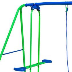 Columpio per bambini, 220 x 140 x 182 cm, in metallo, PVC e corda in verde e blu | Collezione Swing