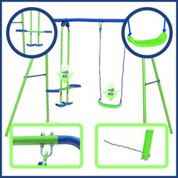 Columpio per bambini, 220 x 140 x 182 cm, in metallo, PVC e corda in verde e blu | Collezione Swing