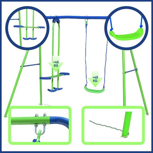 Columpio per bambini, 220 x 140 x 182 cm, in metallo, PVC e corda in verde e blu | Collezione Swing