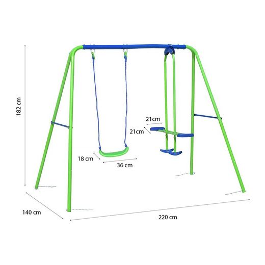 Columpio per bambini, 220 x 140 x 182 cm, in metallo, PVC e corda in verde e blu | Collezione Swing
