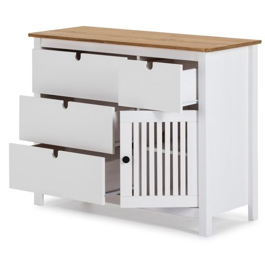 Cómoda, 100 x 40 x 80 cm, de madera de pino en blanco y natural  | Colección Bruna