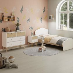 Comodino, 100 x 40 x 81 cm, in legno di pino bianco e naturale | Collezione Estefania