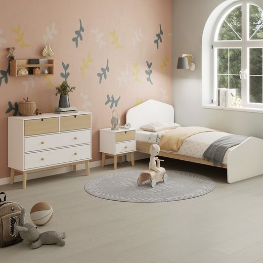 Comodino, 100 x 40 x 81 cm, in legno di pino bianco e naturale | Collezione Estefania