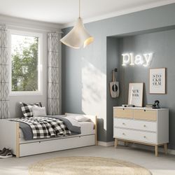 Comodino, 100 x 40 x 81 cm, in legno di pino bianco e naturale | Collezione Estefania