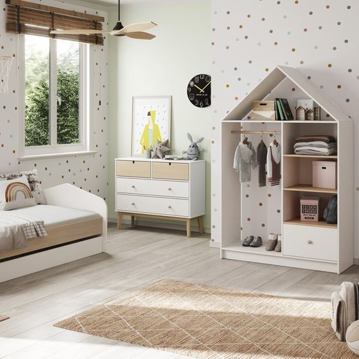 Comodino, 100 x 40 x 81 cm, in legno di pino bianco e naturale | Collezione Estefania