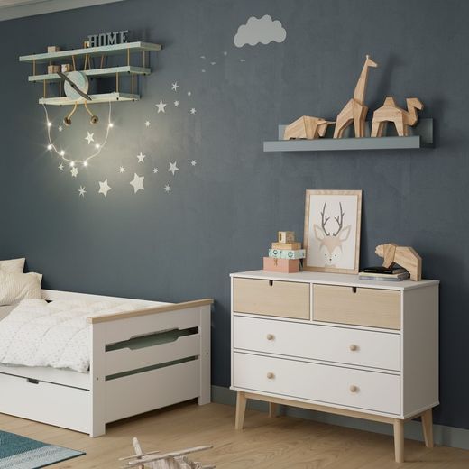Comodino, 100 x 40 x 81 cm, in legno di pino bianco e naturale | Collezione Estefania