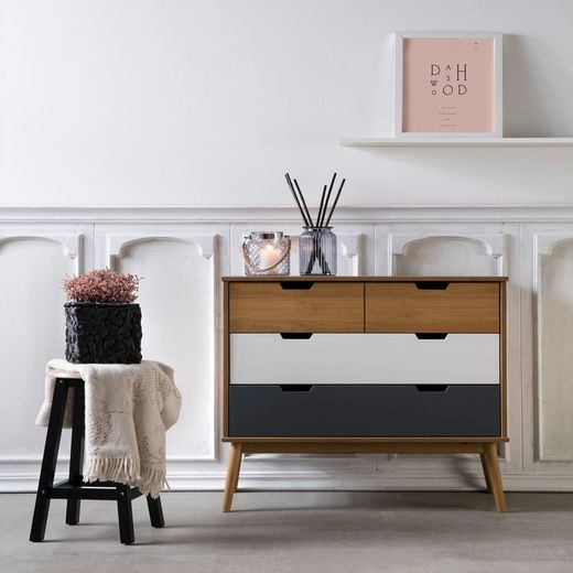 Cómoda, 100 x 40 x 82 cm, de madera de pino en natural, blanco y gris  | Colección Cusco