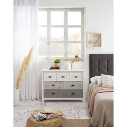 Comò, 110 x 40 x 80 cm, in legno di pino in tonalità grigie e bianco | Collezione Romantica
