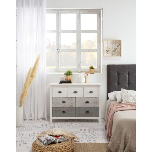 Comò, 110 x 40 x 80 cm, in legno di pino in tonalità grigie e bianco | Collezione Romantica