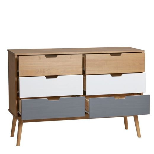 Comodino, 120 x 40 x 82 cm, in legno di pino con finiture naturali, bianche e grigie | Collezione Cusco