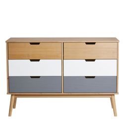 Comodino, 120 x 40 x 82 cm, in legno di pino con finiture naturali, bianche e grigie | Collezione Cusco