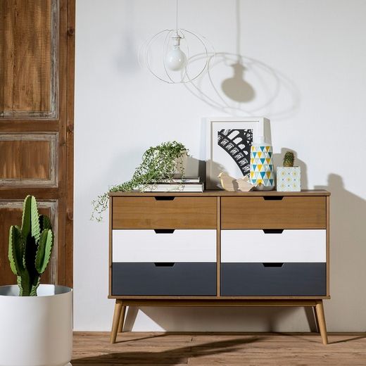 Comodino, 120 x 40 x 82 cm, in legno di pino con finiture naturali, bianche e grigie | Collezione Cusco