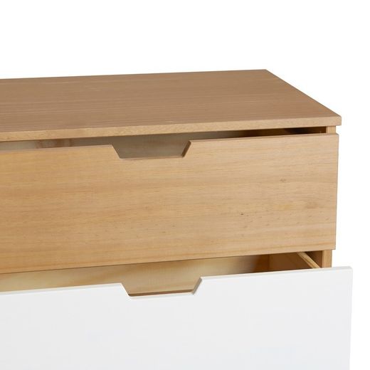 Comodino, 120 x 40 x 82 cm, in legno di pino con finiture naturali, bianche e grigie | Collezione Cusco
