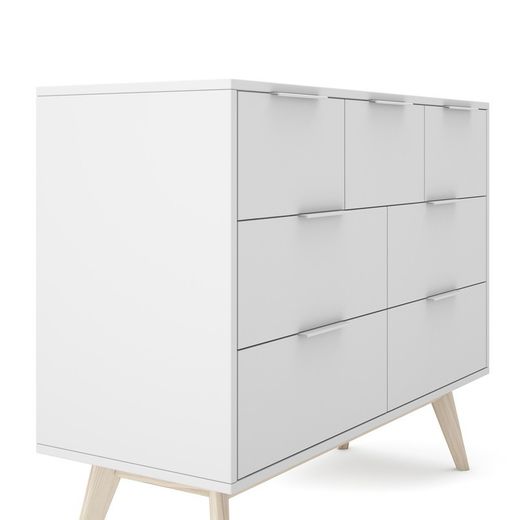Comodino, 120 x 40 x 83 cm, in legno di pino bianco e naturale | Collezione Campus