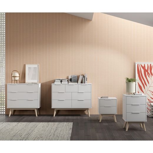 Comodino, 120 x 40 x 83 cm, in legno di pino bianco e naturale | Collezione Campus