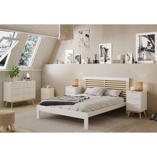 Comodino, 120 x 40 x 83 cm, in legno di pino bianco e naturale | Collezione Campus