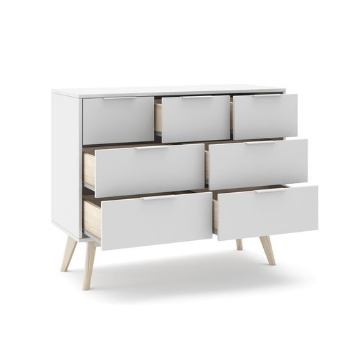 Comodino, 120 x 40 x 83 cm, in legno di pino bianco e naturale | Collezione Campus