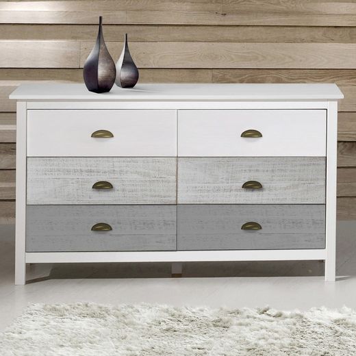 Comò, 130 x 45 x 80 cm, in legno di pino bianco e grigio | Collezione Romantica