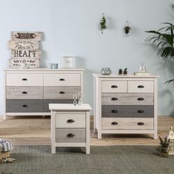 Comodino, 79 x 40 x 80 cm, in legno di pino bianco e grigio | Collezione Romantica
