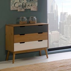 Comodino, 80 x 40 x 82 cm, in legno di pino naturale, bianco e grigio | Collezione Cusco
