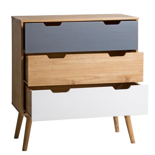 Comodino, 80 x 40 x 82 cm, in legno di pino naturale, bianco e grigio | Collezione Cusco