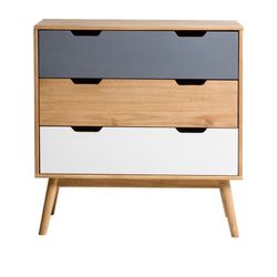 Comodino, 80 x 40 x 82 cm, in legno di pino naturale, bianco e grigio | Collezione Cusco