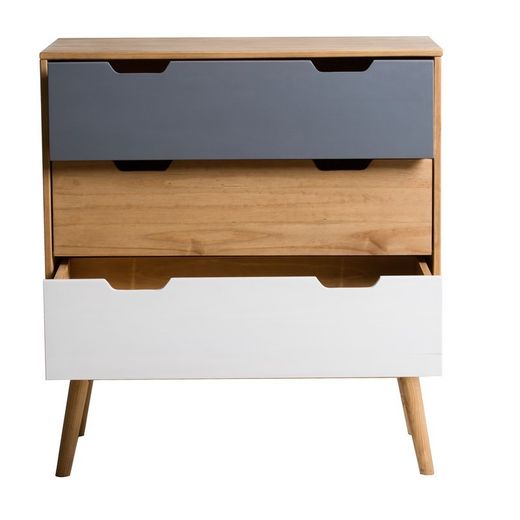 Comodino, 80 x 40 x 82 cm, in legno di pino naturale, bianco e grigio | Collezione Cusco