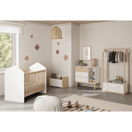 Comodino, 90 x 40 x 81 cm, in legno di pino bianco e naturale | Collezione Estefania