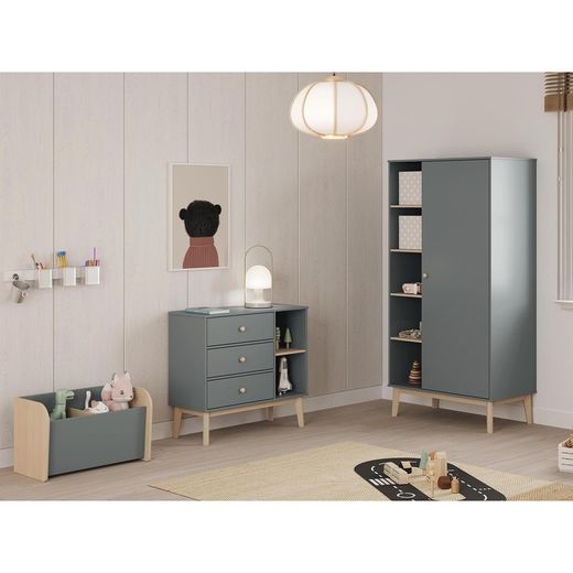 Cómoda, 90 x 40 x 81 cm, de madera de pino en verde y natural  | Colección Esteban