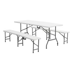 Conjunto de Mesa y 2 Bancos Plegables y Portátiles Gardiun New Koln 180x74x74 cm en Resina Blanca – Ideal para Jardín y Terraza