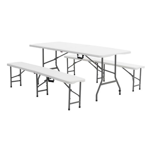 Conjunto de Mesa y 2 Bancos Plegables y Portátiles Gardiun New Koln 180x74x74 cm en Resina Blanca – Ideal para Jardín y Terraza