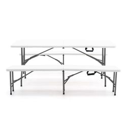Conjunto de Mesa y 2 Bancos Plegables y Portátiles Gardiun New Koln 180x74x74 cm en Resina Blanca – Ideal para Jardín y Terraza