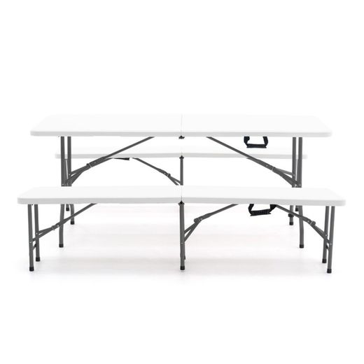 Conjunto de Mesa y 2 Bancos Plegables y Portátiles Gardiun New Koln 180x74x74 cm en Resina Blanca – Ideal para Jardín y Terraza