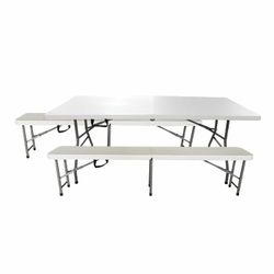Conjunto de Mesa y 2 Bancos Plegables y Portátiles Gardiun New Koln 180x74x74 cm en Resina Blanca – Ideal para Jardín y Terraza